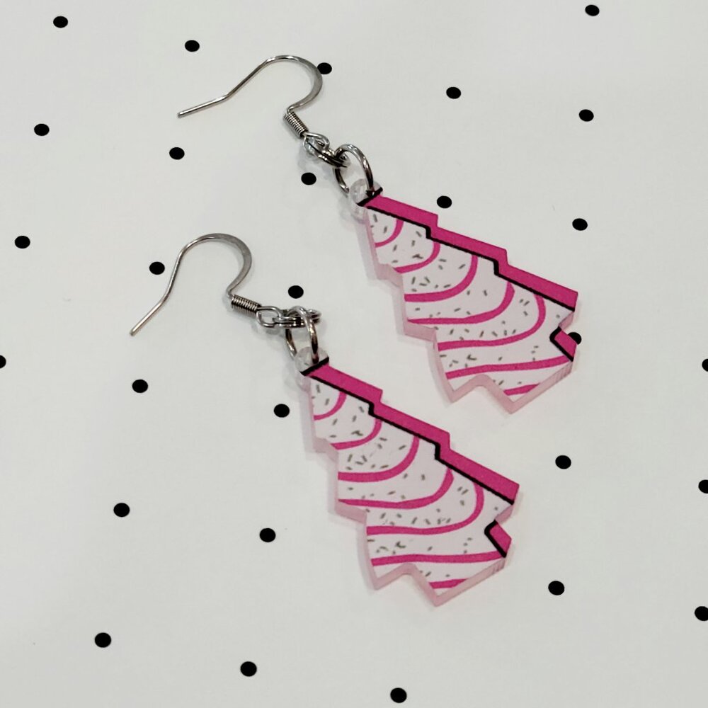 Pink Christmas Tree Cake Earrings Stainless Steel Hooks Holiday Earrings Funky - Picture 2 of 6